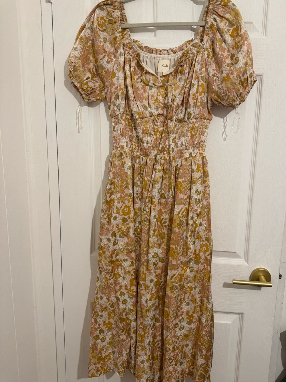 Roolee Cream and Yellow Floral Smocked Midi Dress with Puff Sleeves size Small - Picture 2 of 6